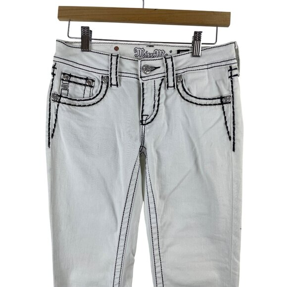 MISS ME Womens 26 Skinny Jeans White Black Saddle Cross Stitch Embellished Y2K - Picture 3 of 9